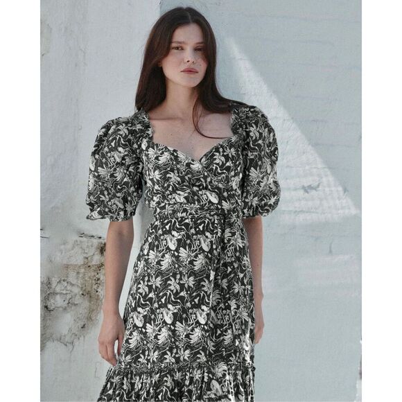 St. Roche NWT Romaine Wrap Dress in Black/White Mushroom Pattern Size 8 - Picture 3 of 5